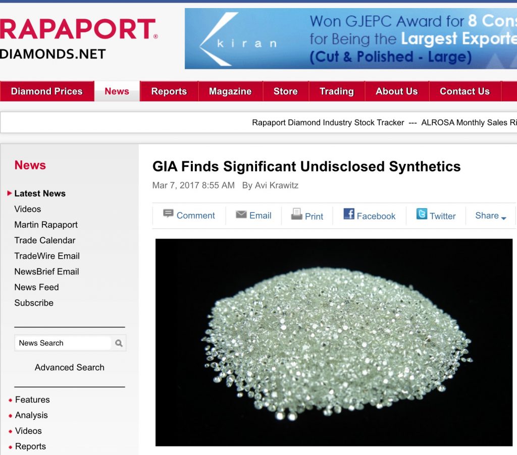 Articolo del Rapaport sulla scoperta di diamanti sintetici CVD in un lotto di mêlée.